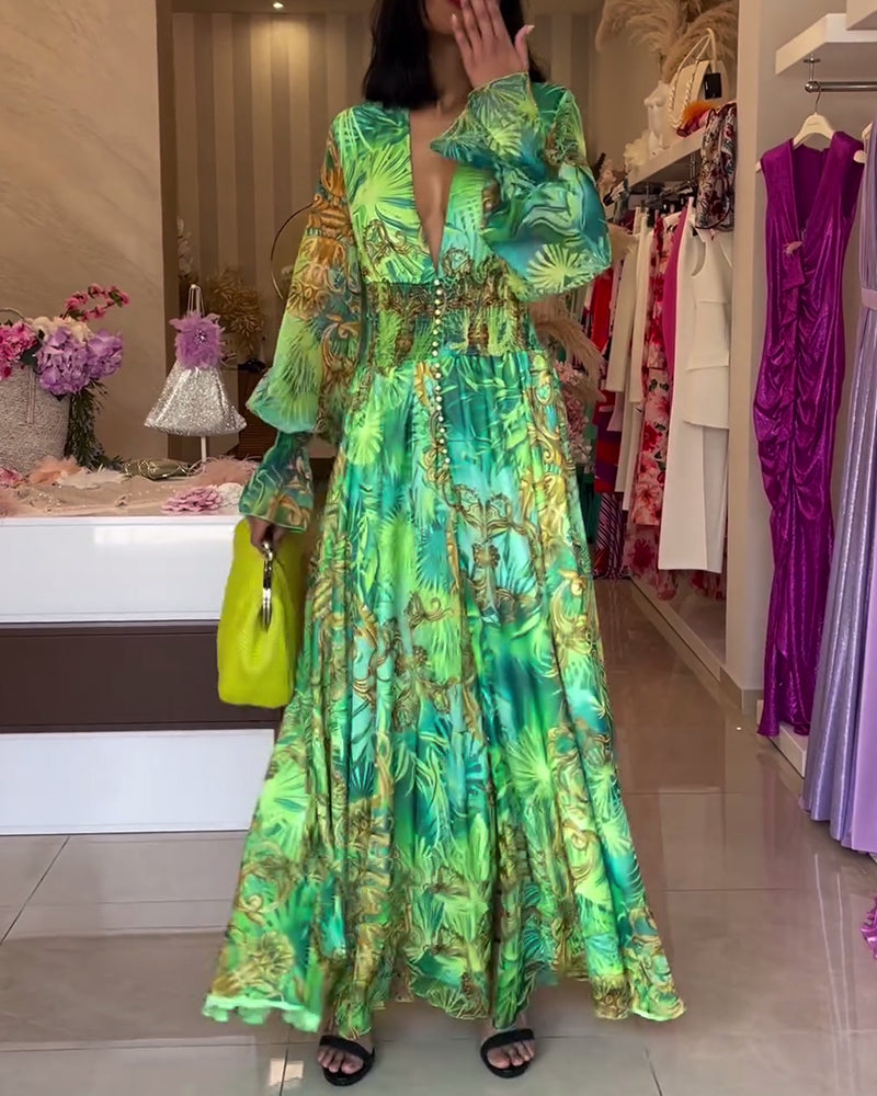 Front view of Celeste elegant maxi dress in green with a deep V-neck and flowing skirt.