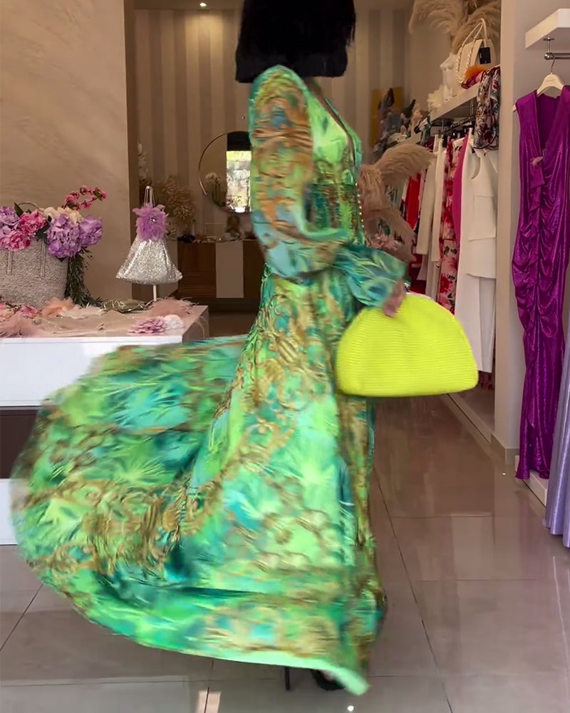Side profile of a woman wearing the green elegant maxi dress, showcasing the lantern sleeves and high waist.