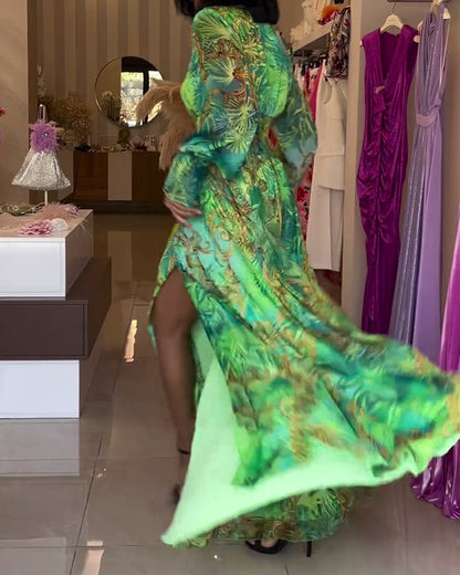 Lifestyle shot of a woman enjoying a sunny day in the green elegant maxi dress, perfect for vacation.