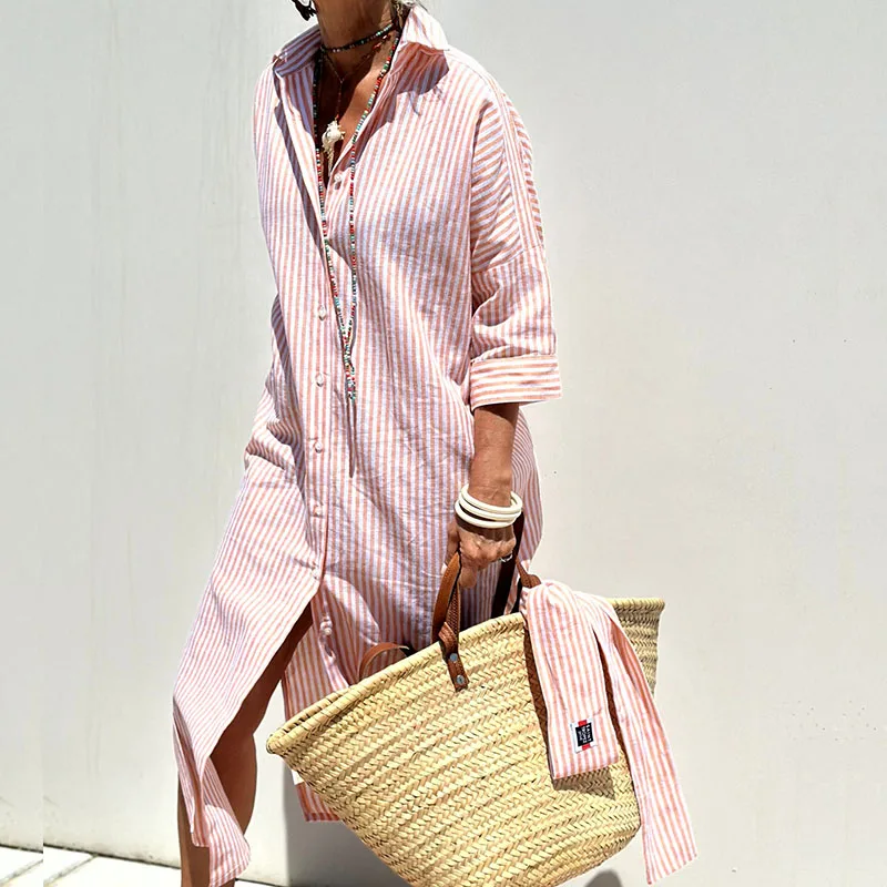 Front view of the Clara chic striped shirt dress in a vibrant blue, showcasing its elegant collar.