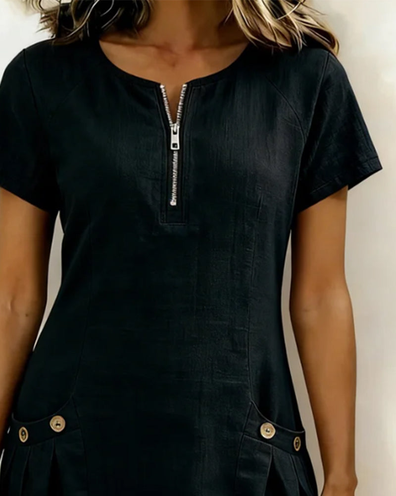 Zoomed-in view of the round collar with zip detail on the Clara short dress.