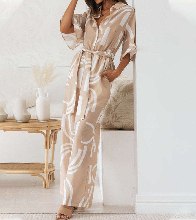 Close-up detail of the lightweight fabric and abstract print on the modern jumpsuit.