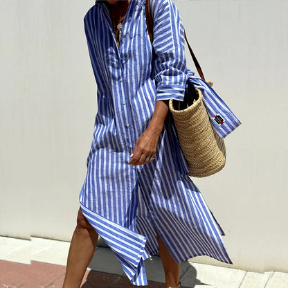 Close-up of the striped pattern on the Clara chic striped shirt dress, showing fabric texture.