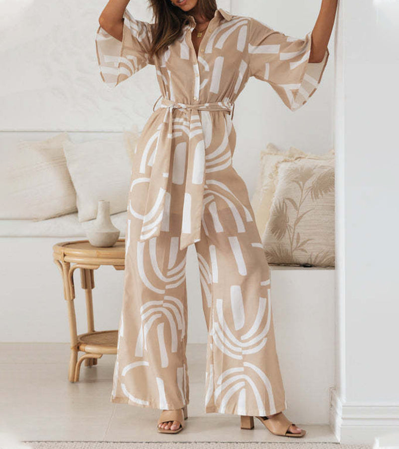 Detailed shot of the bodice area of the chic abstract jumpsuit, focusing on the neckline.