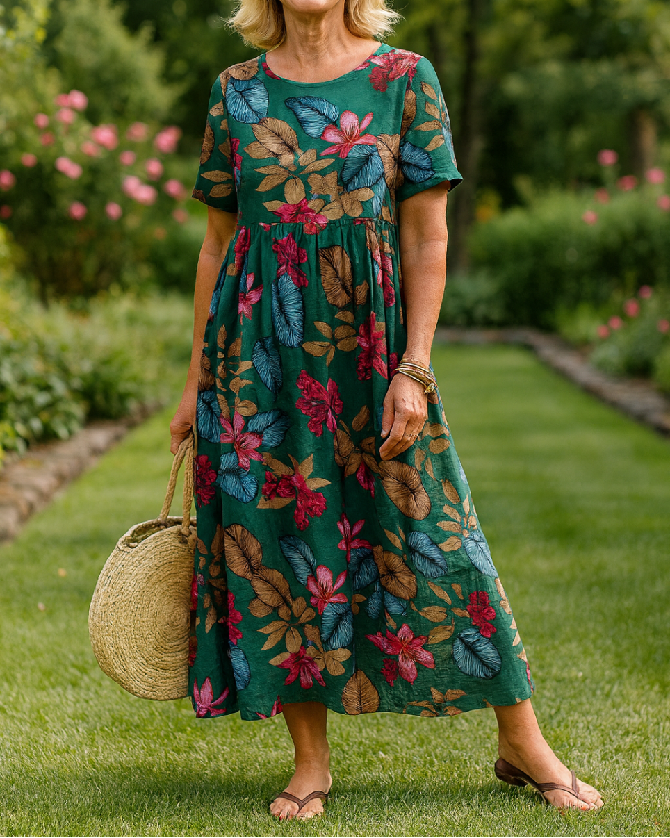 Close-up detail of the fabric and floral pattern on the Eliza comfortable maxi dress.