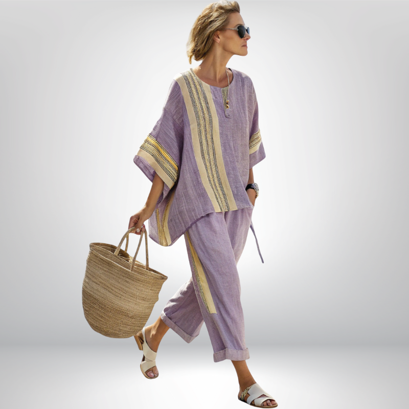 Front view of the comfortable Paloma relaxed boho set in a soft lavender color, featuring decorative stripes.