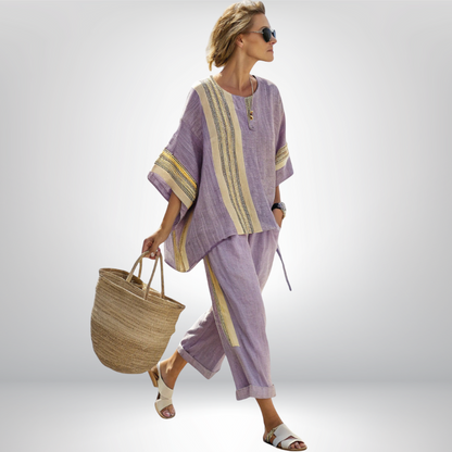 Front view of the comfortable Paloma relaxed boho set in a soft lavender color, featuring decorative stripes.
