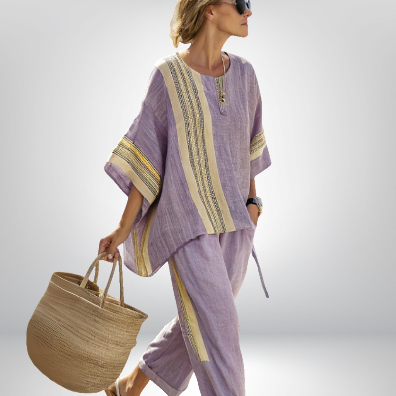 Side profile of a woman wearing the striped Paloma relaxed boho set, showcasing the flowy fit and casual elegance.