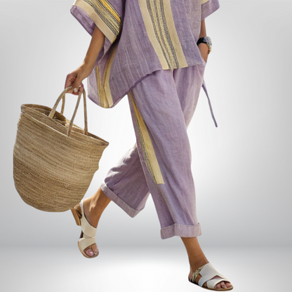 Close-up detail of the fabric and decorative stripe pattern on the Paloma relaxed boho set's top, highlighting texture.