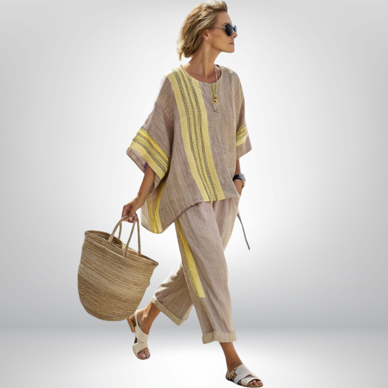 Lifestyle shot of the striped Paloma relaxed boho set worn outdoors, perfect for a sunny day or vacation.