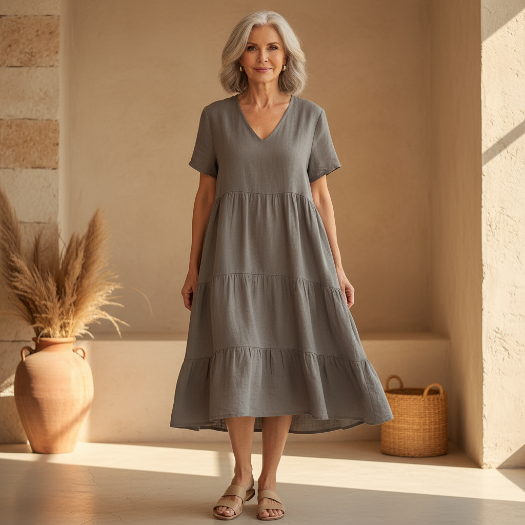 Three Esmée flowy boho midi dresses in various colors (grey, blue, pink) displayed together on hangers.