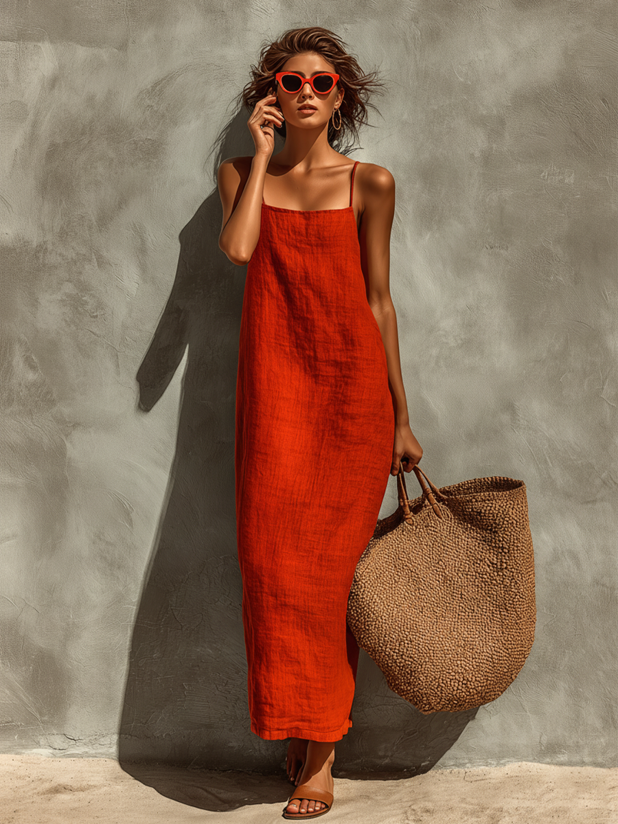 Front view of a woman wearing the red Evie chic summer dress, showing the square neckline and relaxed fit.