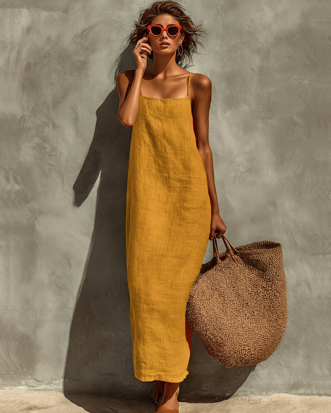 Woman smiling brightly in the yellow Evie chic summer dress, conveying the joy and comfort of this garment.