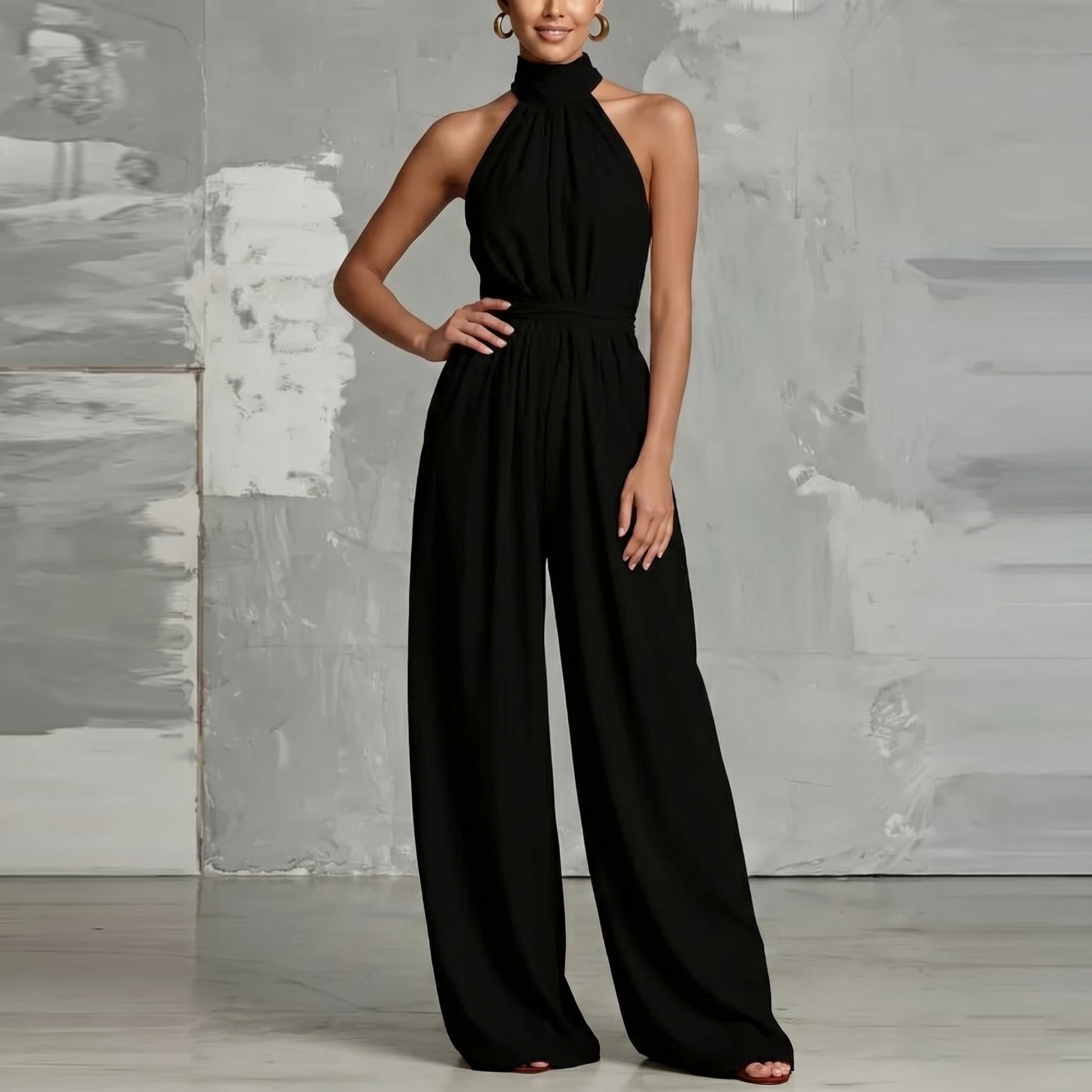 Back view of the Evie white wide-leg summer jumpsuit, showing the clean lines and comfortable fit.