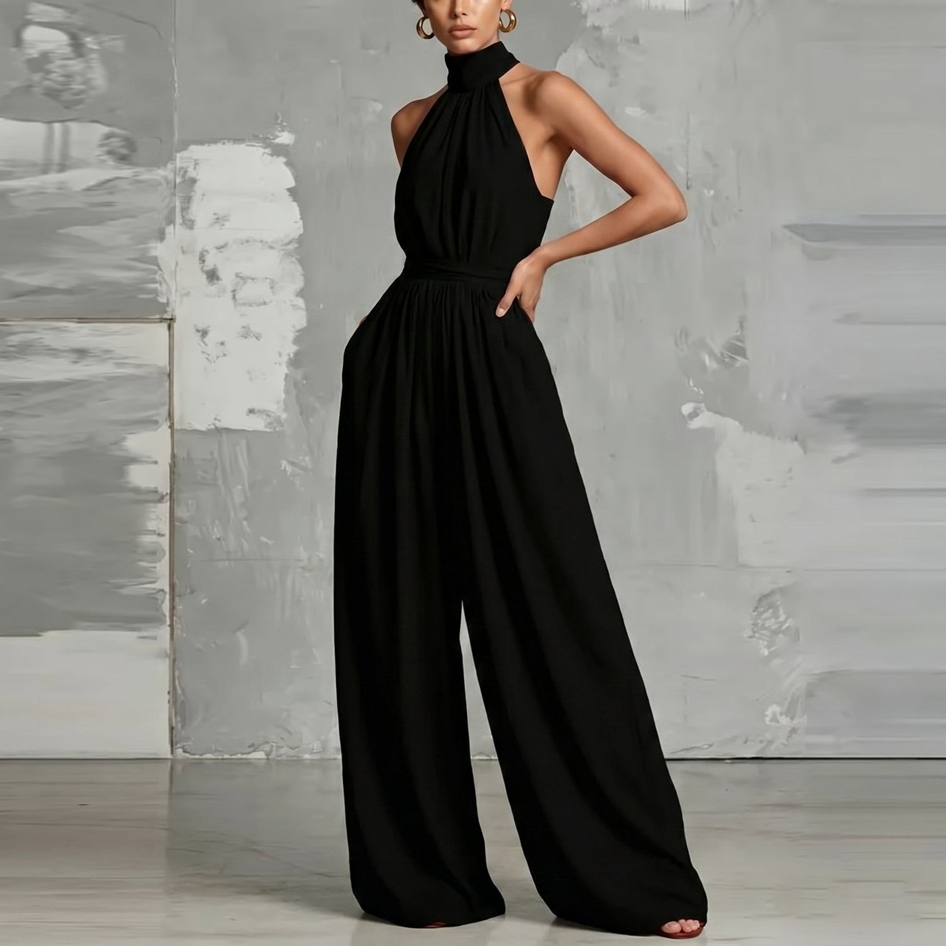 Lifestyle shot of a woman enjoying a warm day in the Evie black wide-leg summer jumpsuit, styled casually.