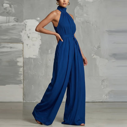 Full-length view of the Evie burgundy wide-leg summer jumpsuit, emphasizing its versatile elegance.