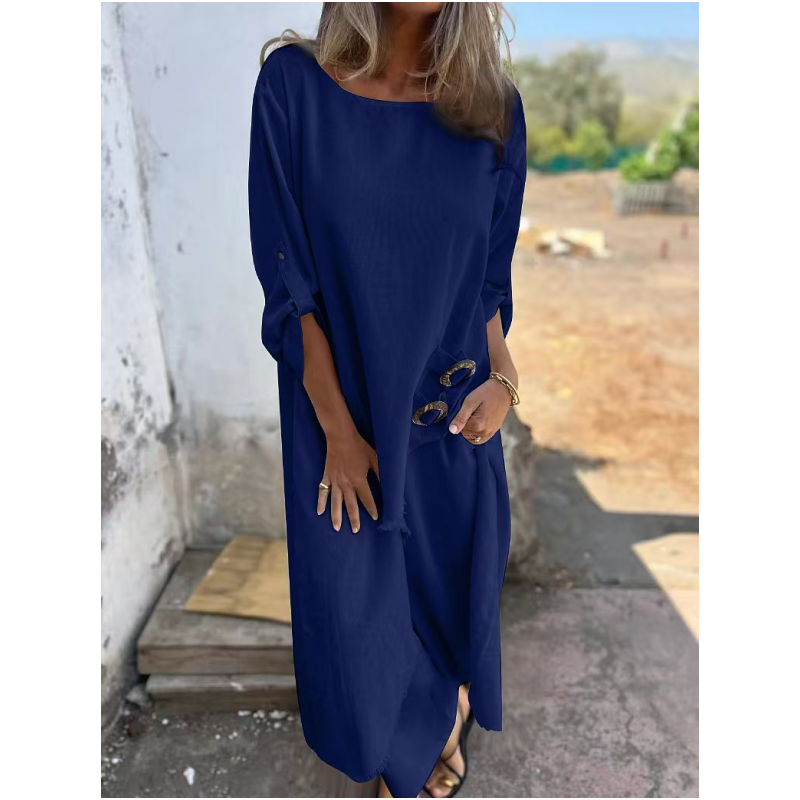Front view of a woman wearing the blue cotton-linen summer set, showcasing the relaxed fit and top details.