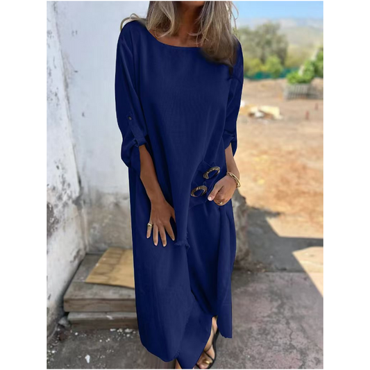 Front view of a woman wearing the blue cotton-linen summer set, showcasing the relaxed fit and top details.