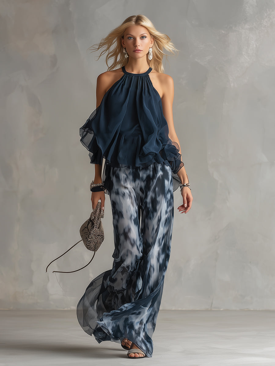 Side profile of a woman wearing the elegant chiffon set, highlighting the silhouette and fabric drape.