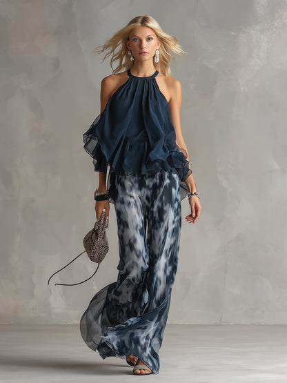 Side profile of a woman wearing the elegant chiffon set, highlighting the silhouette and fabric drape.