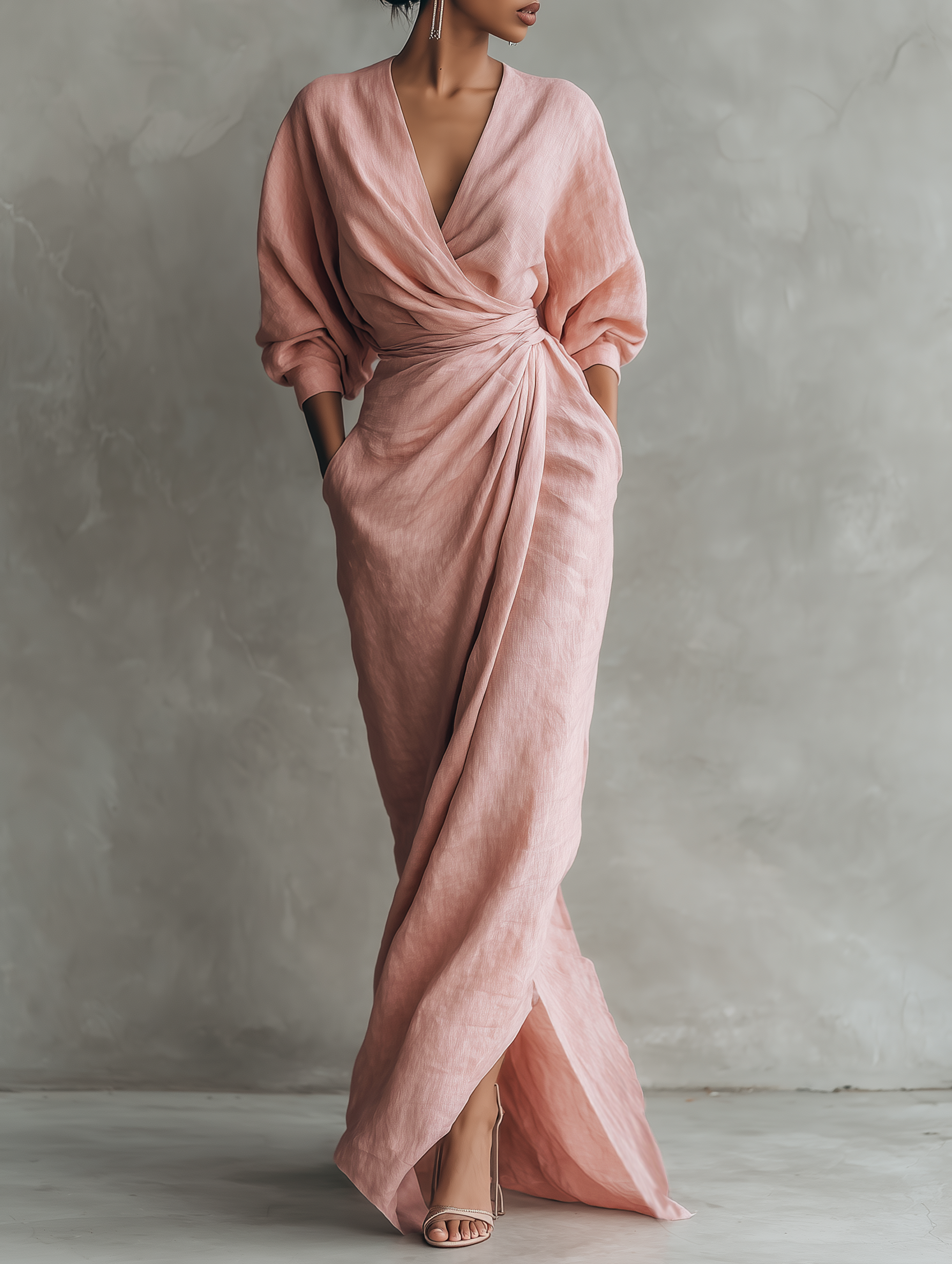 Close-up detail of the breathable linen blend fabric on the pink Marlowe maxi dress, highlighting its texture.