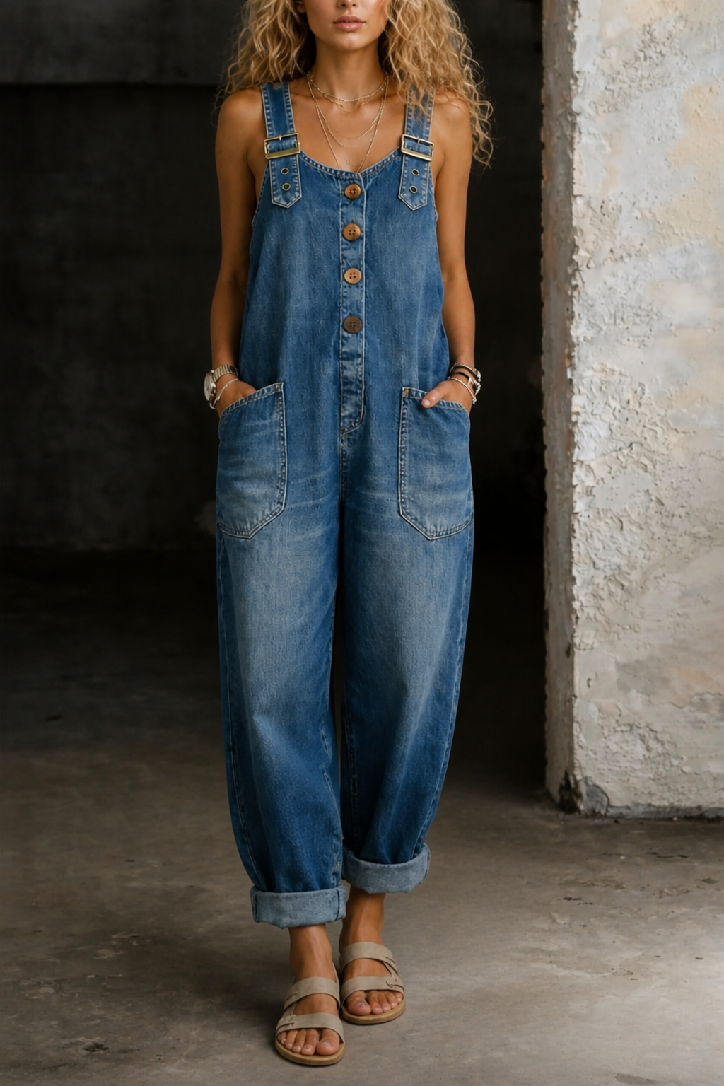 Front view of a woman wearing a blue denim jumpsuit with wide legs, styled casually.