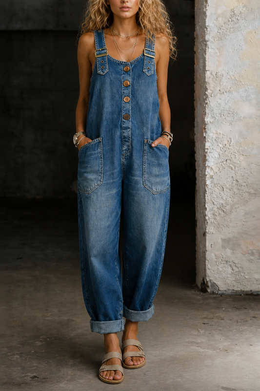 Front view of a woman wearing a blue denim jumpsuit with wide legs, styled casually.