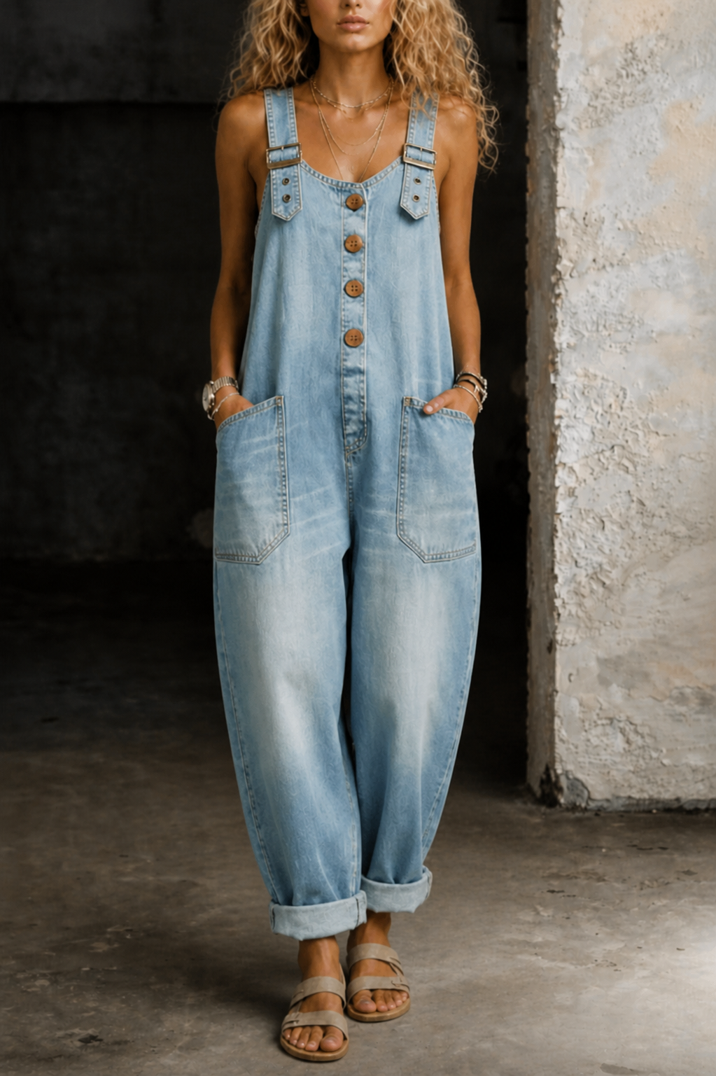 Close-up detail of the adjustable strap and front button closure on the light blue denim jumpsuit.