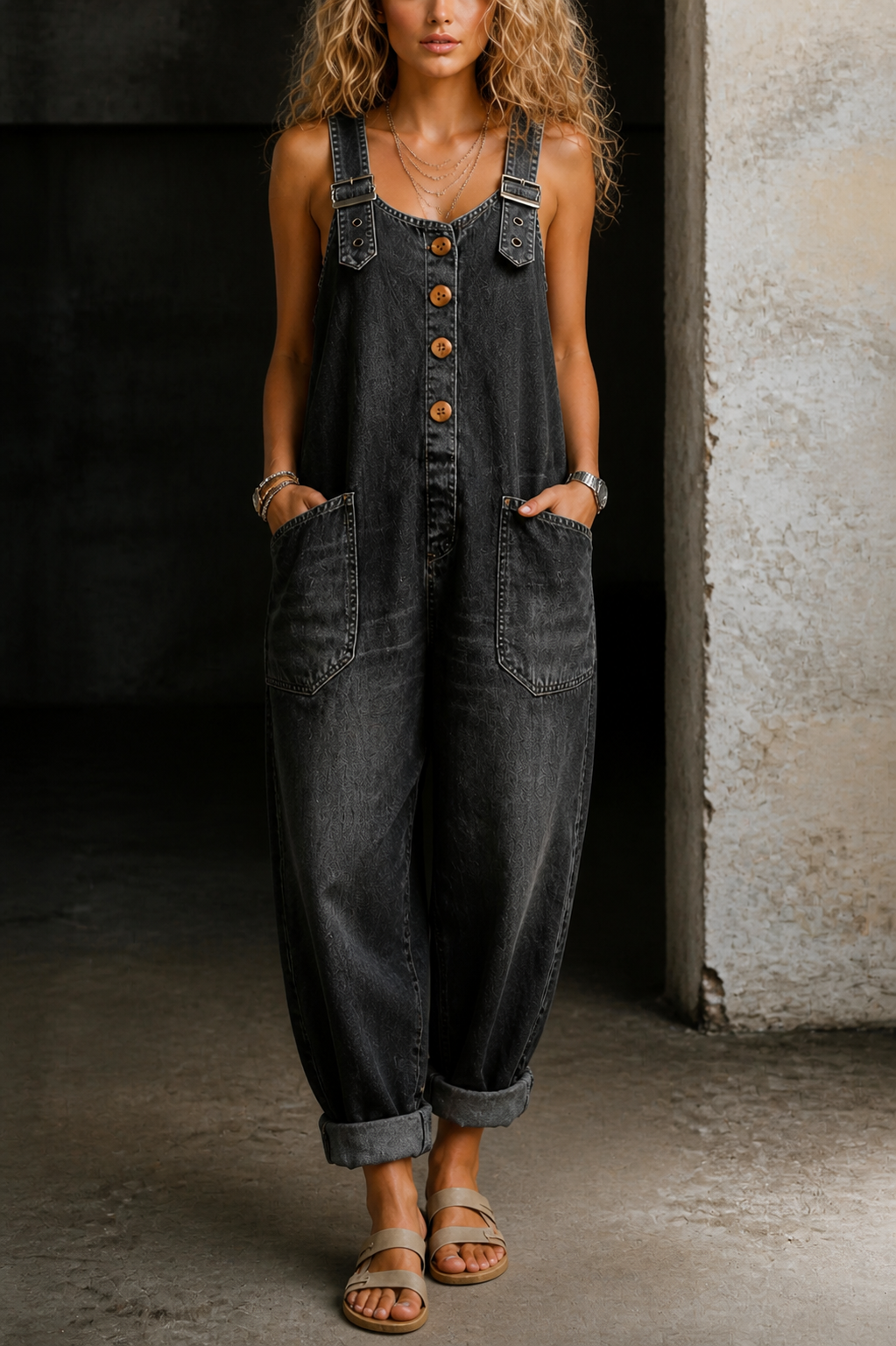 Side profile of a joyful woman in a relaxed fit denim jumpsuit, showcasing its comfortable silhouette.