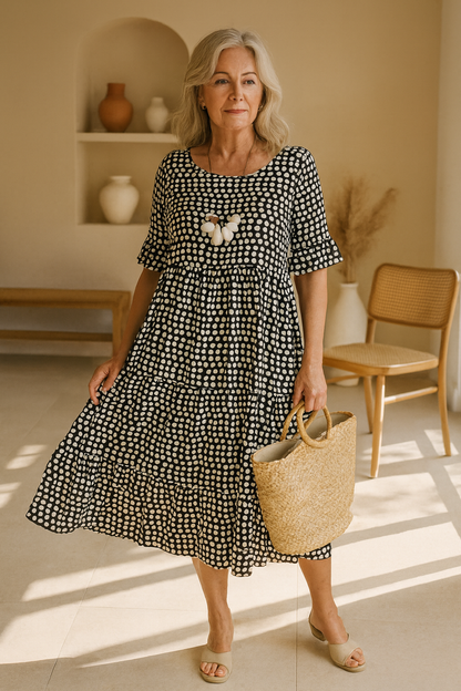 Back view of the Kaelani chic midi dress, showing the smooth fabric and relaxed fit.
