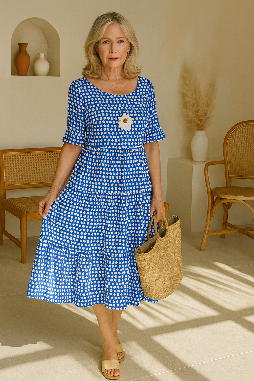 Detail of the classic crew neckline on the Kaelani chic midi dress, emphasizing comfort.