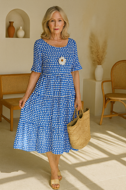 Detail of the classic crew neckline on the Kaelani chic midi dress, emphasizing comfort.