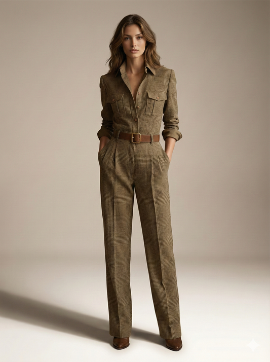 Front view of a brown checkered jumpsuit with a faux leather belt, showcasing its elegant tailored fit.