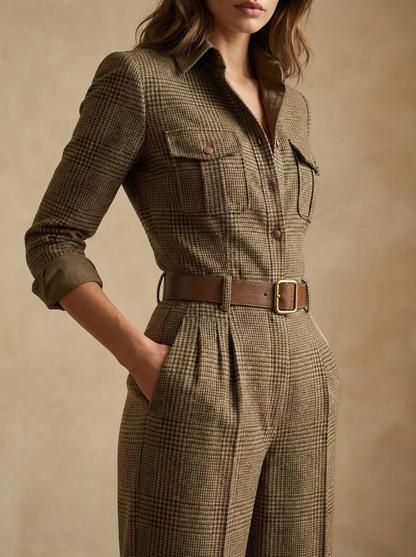 Close-up detail of the brown checkered pattern fabric and the stylish buckle of the faux leather belt on the jumpsuit.