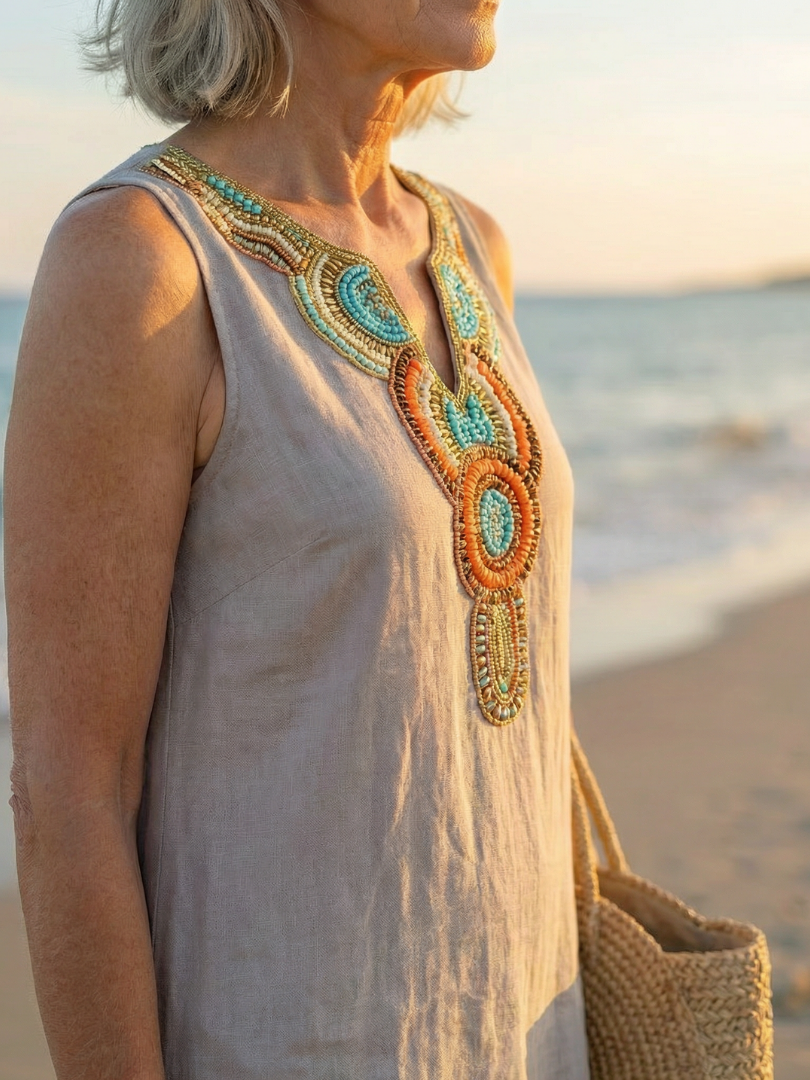 Model posing in a relaxed manner wearing the sky blue Kalea midi dress, perfect for stylish resort wear.