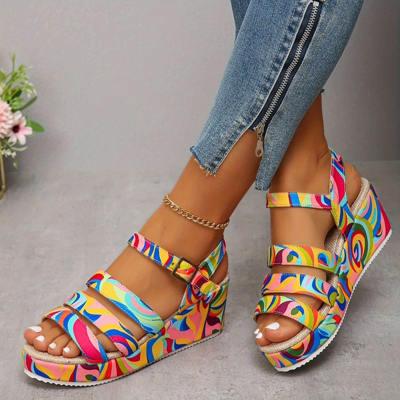 Side profile shot highlighting the comfortable platform sole and the unique, eye-catching design of the vibrant platform sandals.