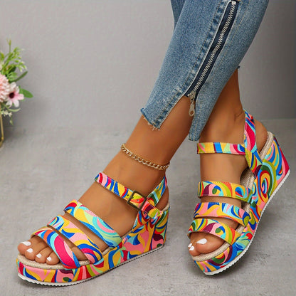Side profile shot highlighting the comfortable platform sole and the unique, eye-catching design of the vibrant platform sandals.