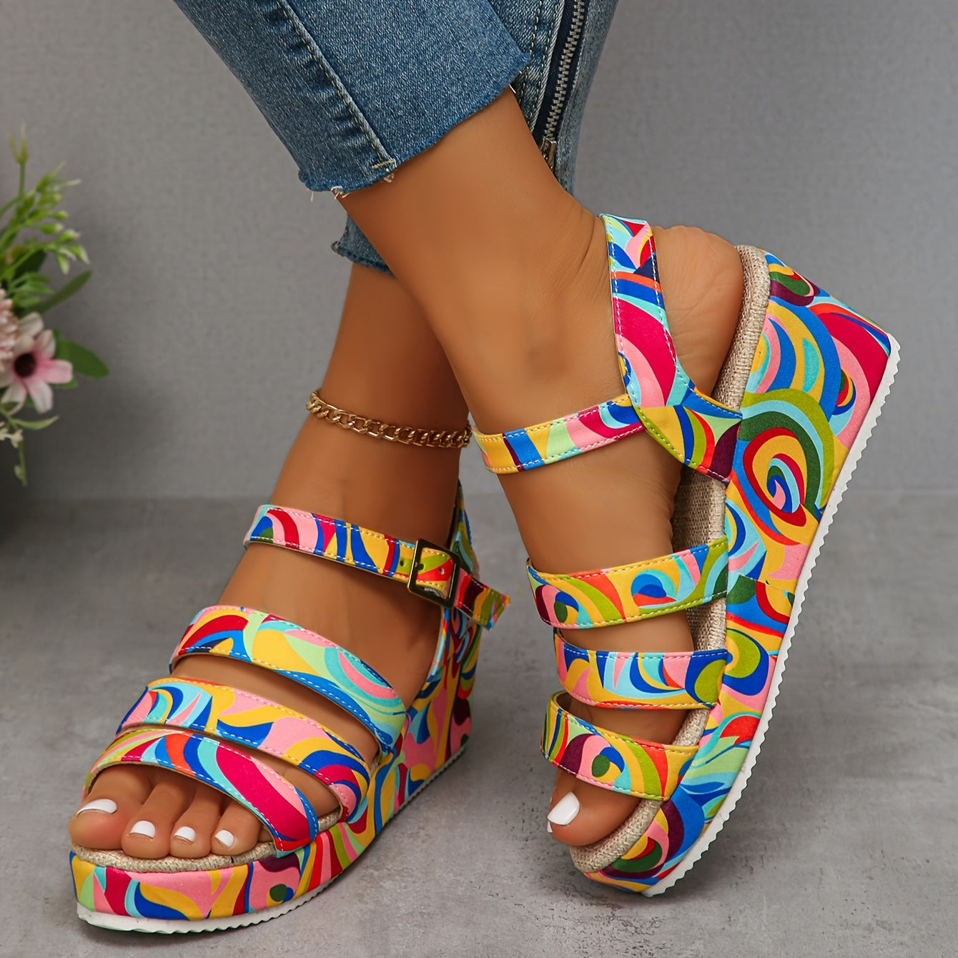 Lifestyle shot of someone wearing the vibrant platform sandals, styled with a casual summer dress, walking outdoors.