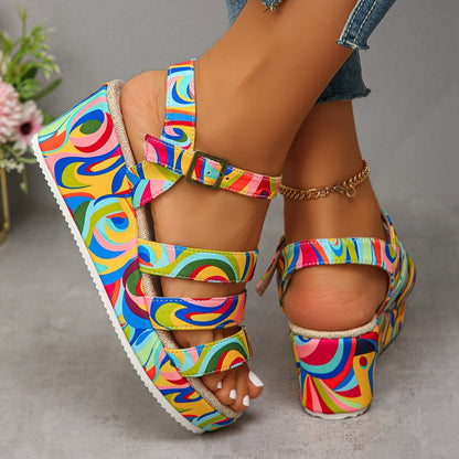 Back view of the vibrant platform sandals, emphasizing the sturdy platform and the secure fit around the heel.