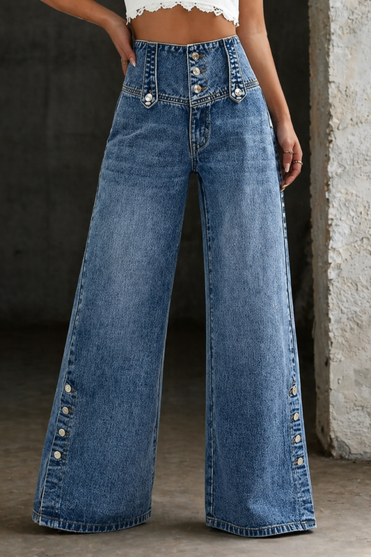 Front view of Kalliope high-waist button-detail jeans in classic blue denim, showcasing the unique waist closure on a model.