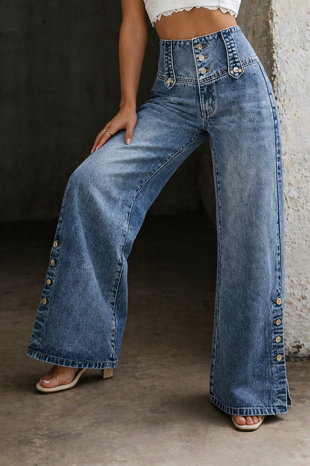 Close-up detail of the stylish button fly and high-waist design of the trendy denim jeans, highlighting texture and stitching.