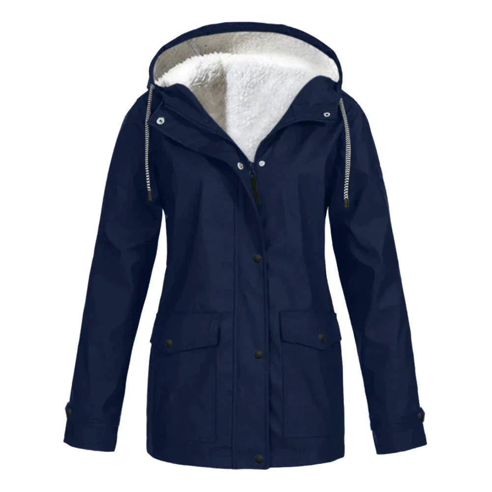 Back view of a silver warm lined rain jacket, highlighting its stylish cut and length.
