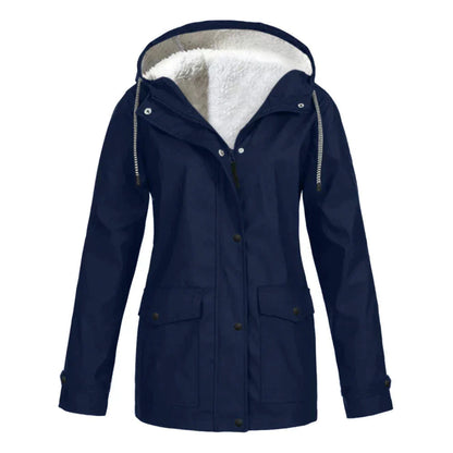 Back view of a silver warm lined rain jacket, highlighting its stylish cut and length.