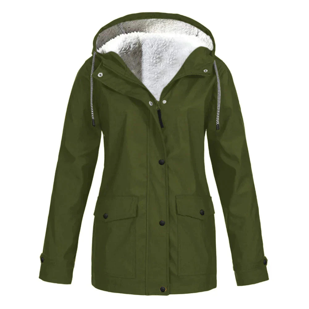 Close-up of the hood and collar design on a blue warm lined rain jacket.