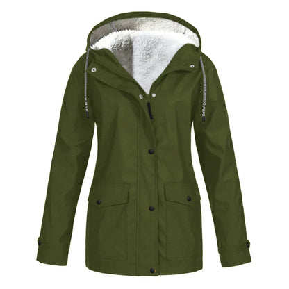Close-up of the hood and collar design on a blue warm lined rain jacket.