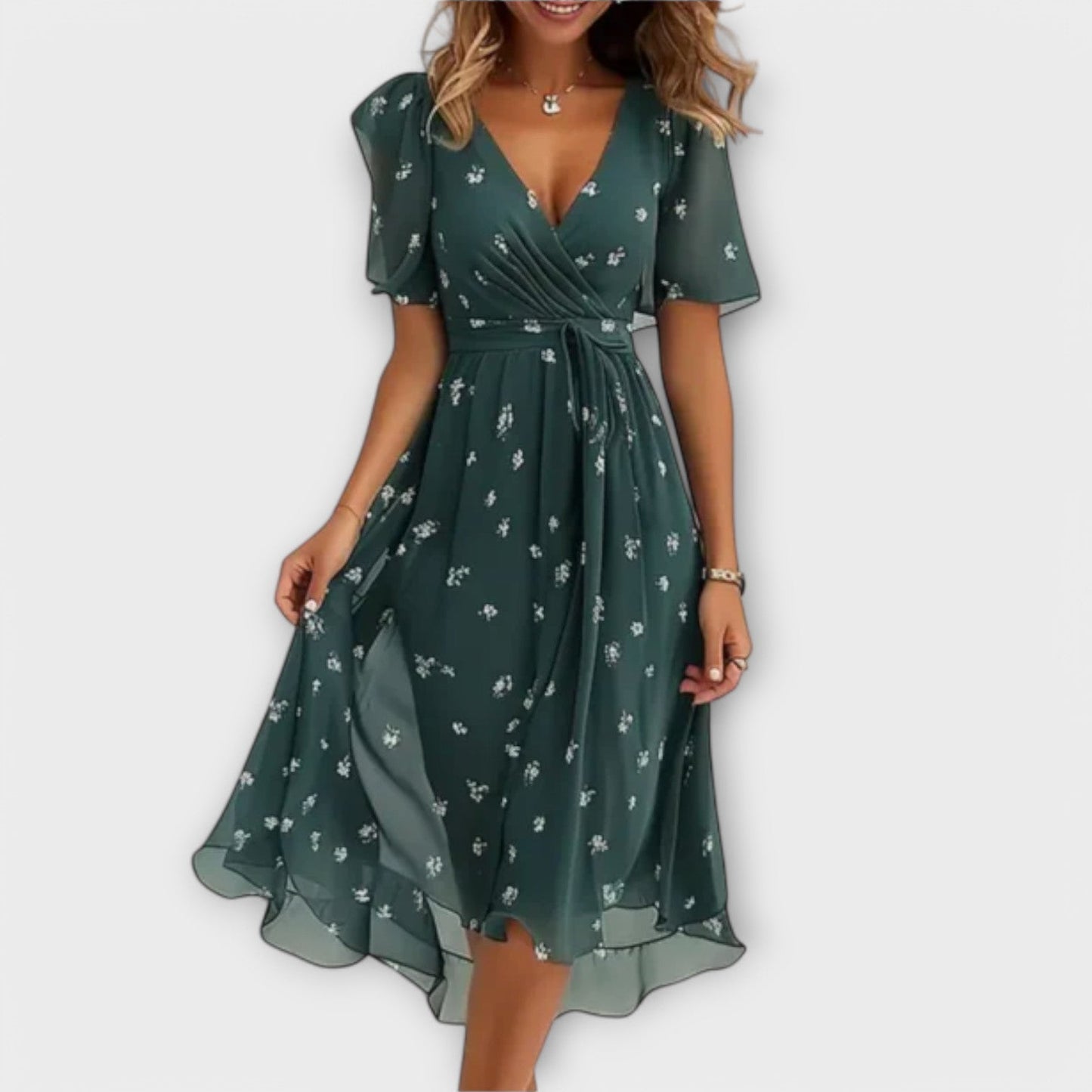 Front view of the green Leona midi dress, showcasing its elegant V-neck and flowing silhouette.