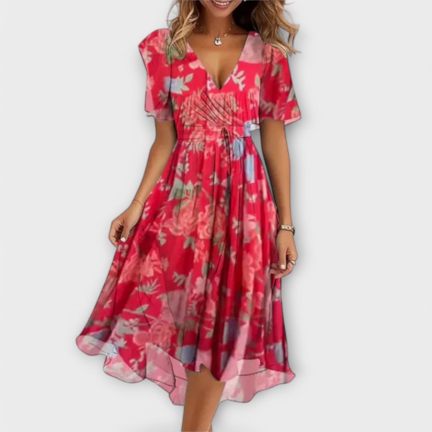 Side profile of the pink Leona dress, highlighting the flattering form-fitting design and midi length.