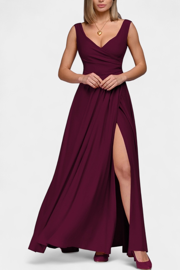 Front view of a woman wearing a burgundy Lila Draped Maxi Dress, showcasing the elegant neckline.