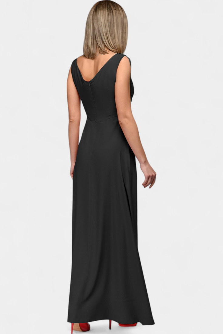 Overhead view of the red elegant draped maxi dress laid flat, showcasing its full design and material.