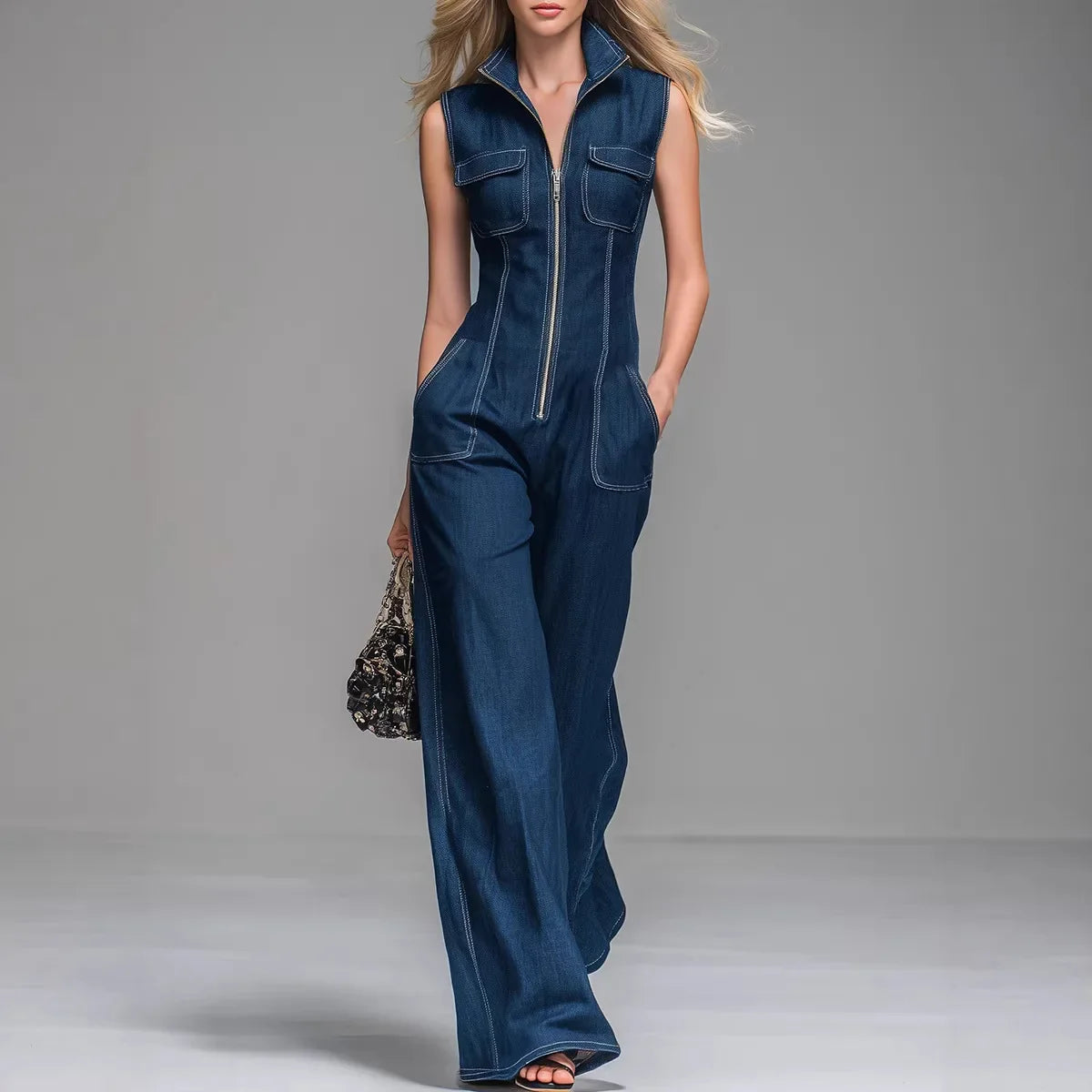 Side profile of a woman in the Lila high-waisted denim overalls, highlighting the flattering fit and side pockets.